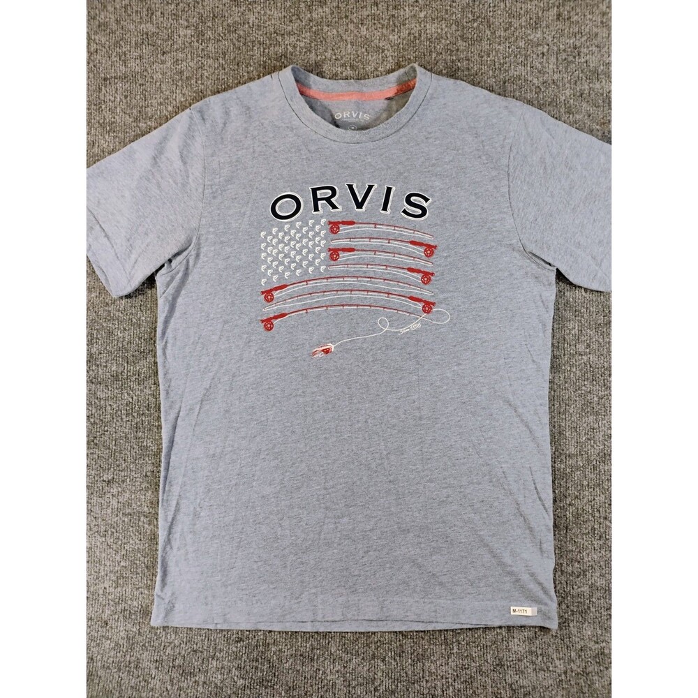 Orvis Men's M Gray Fly Fishing American Flag Graphic T-Shirt Short Sleeve Tee